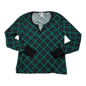 Victoria's Secret Teal Green Plaid Notch Neck Long Sleeve Top Size Medium EUC